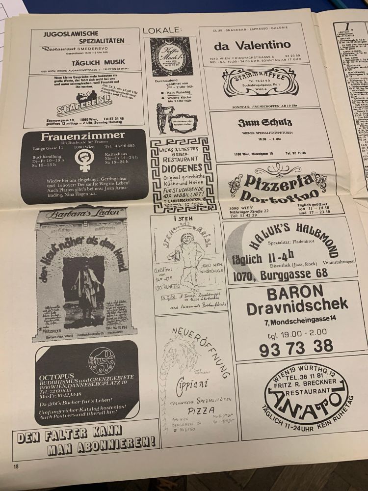 Eine Seite mit vielen kleinen Anzeigen für Lokale, die es alle nicht mehr gibt.