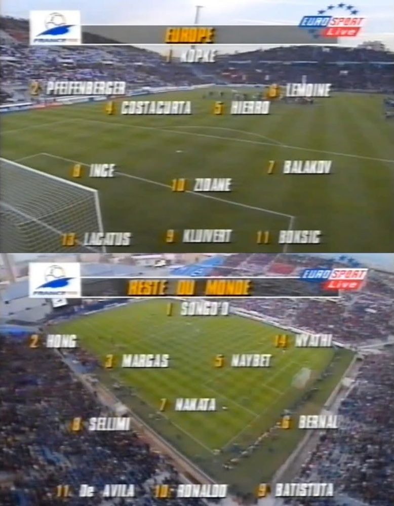 Mannschaftsaufstellungen:

Europa: Köpke - Pfeifenberger, Costacurta, Hierro, Lemoine - Ince, Zidane, Balakov - Lacatus, Kluivert, Boksic

Rest der Welt: Songo‘o - Hong, Margas, Naybet, Nyathi - Sellimi, Nakata, Bernal - De Avila, Ronaldo, Batistuta