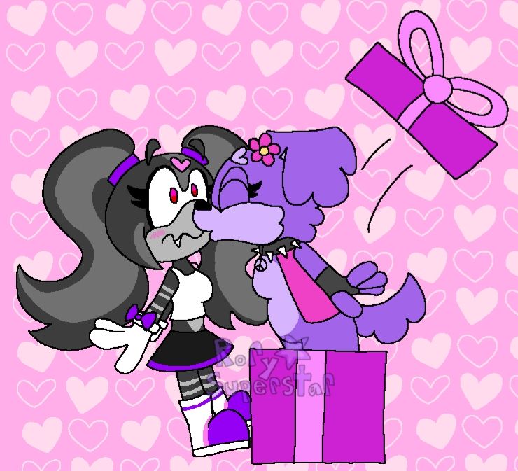 A drawing of my mobian OC, a purple dog named Rora the Ruffian coming out of a gift box and kissing my girlfriend's OC, Silk the Spider on the lips. Silk is surprised and is blushing. 