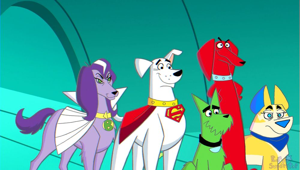 A screenshot from the show "Krypto the Superdog". From left to right, Brainy Barker, Krypto, Tail Terrier, Hot Dog, and my fan character Kinetic Corgi are lined up side by side.