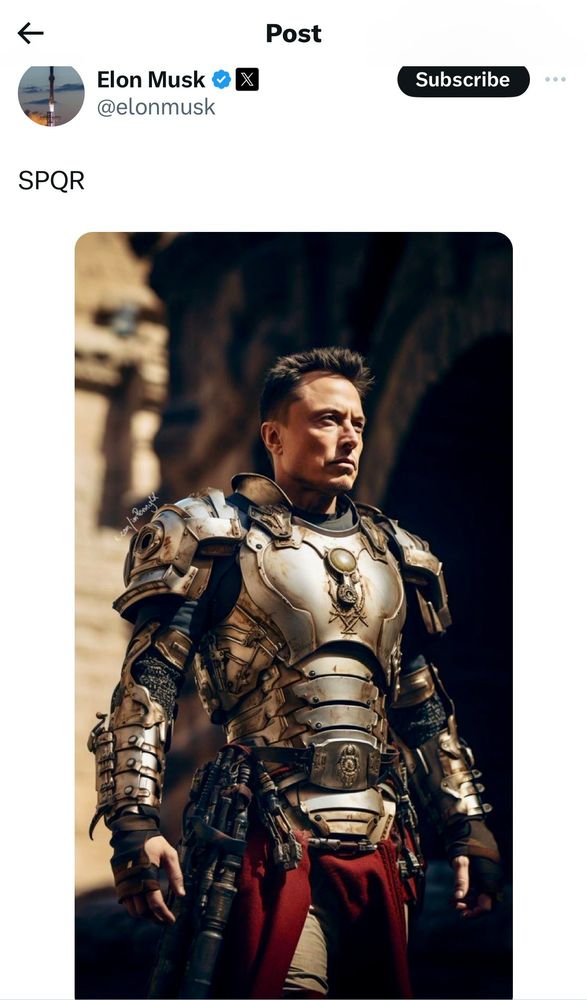 An improbably buff AI image of Elon Musk dressed as some sort of a Roman Warrior, which he's captioned 'SPQR'