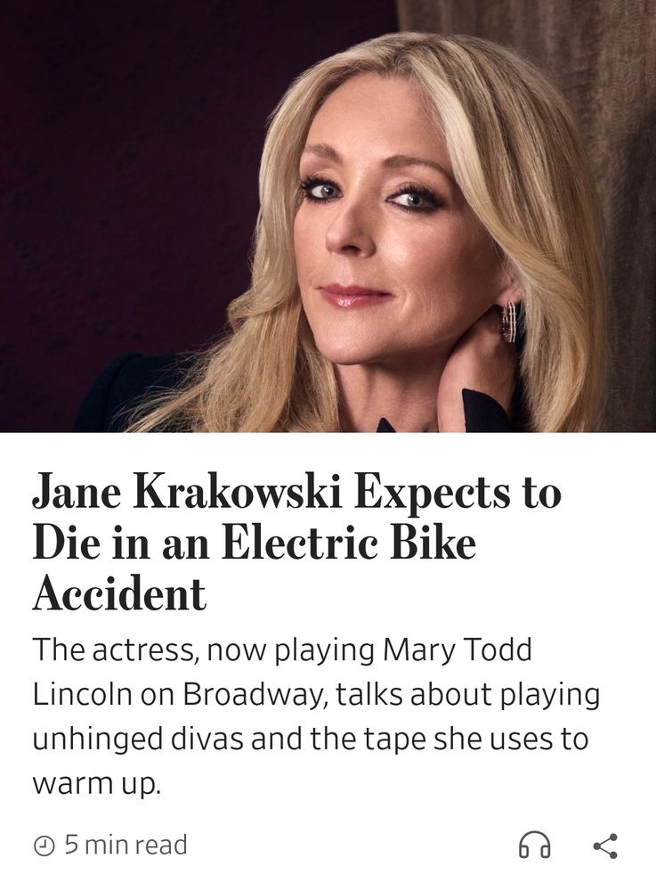 A portrait of actress Jane Krakowski with blonde hair, overlaid with the article headline: "Jane Krakowski Expects to Die in an Electric Bike Accident."