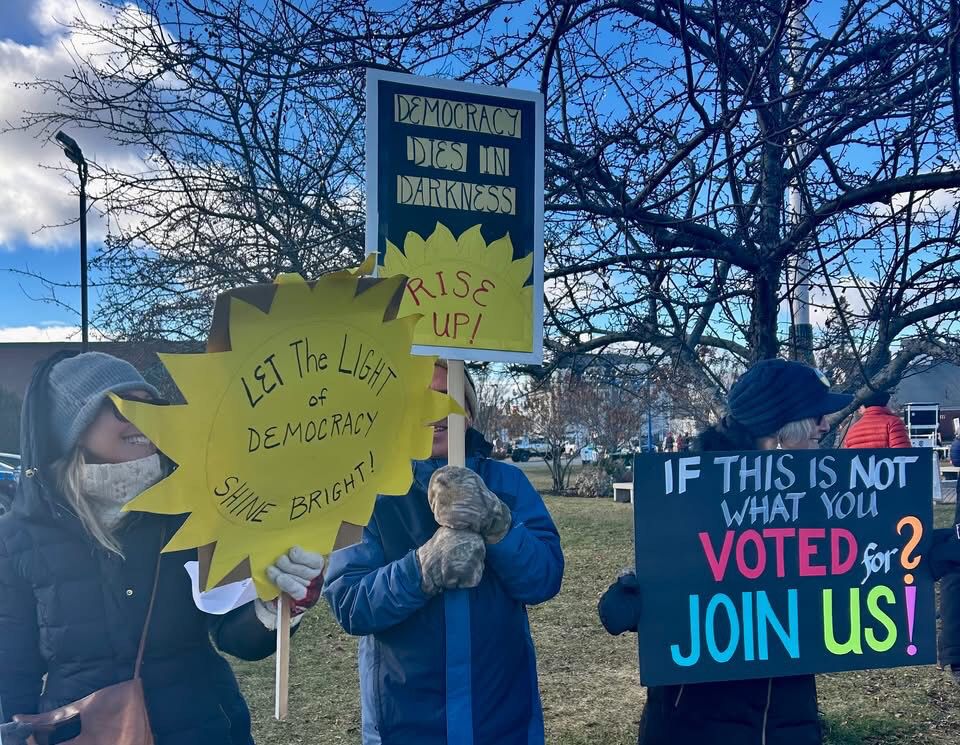 Protesters with signs on yellow flower shapes:
Let the Light of Democracy Shine Bright

Democracy Dies in Darkness 
Rise Up 

One sign
If this is not what you voted for
Join Us