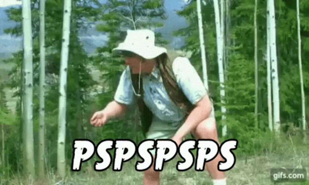 a man in a white hat is squatting down in the woods with the words pspspsps written on the bottom