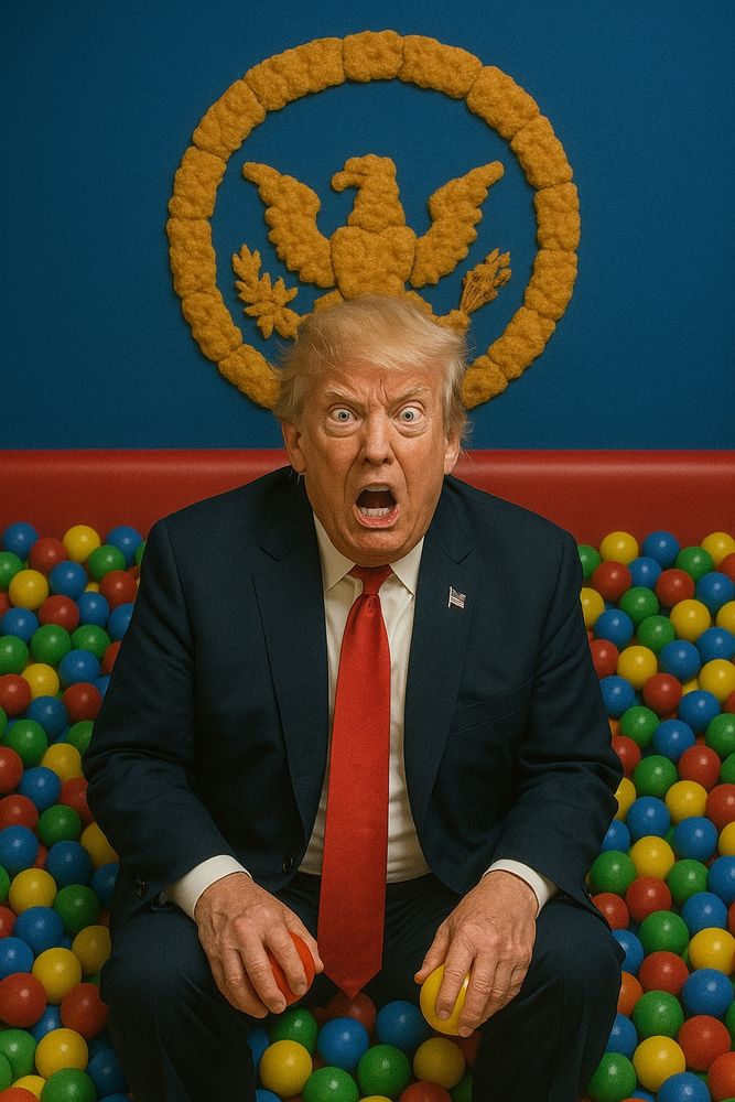 Trump in a ball pit with a chicken nugget insignia. 