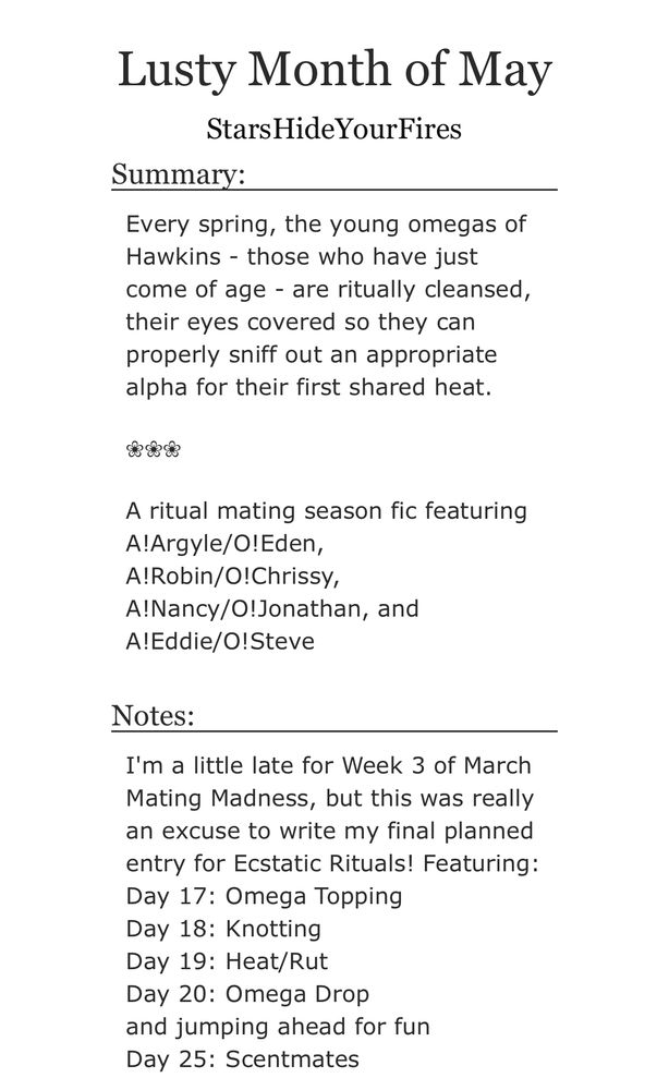 The summary for “The Lusty Month of May” on ao3