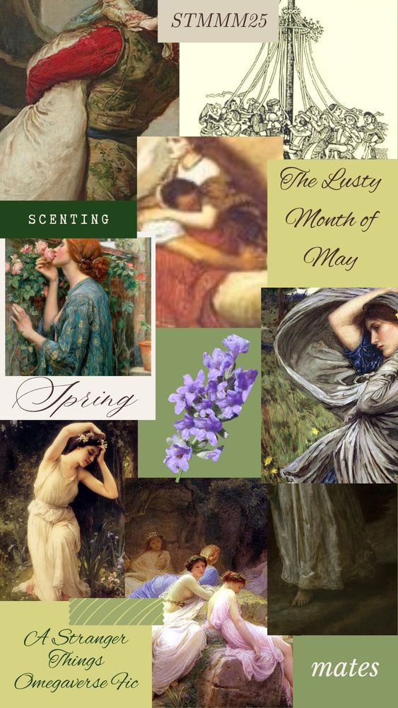 Scrapbook-style cover for “The Lusty Month of May” featuring Pre-Raphaelite artwork