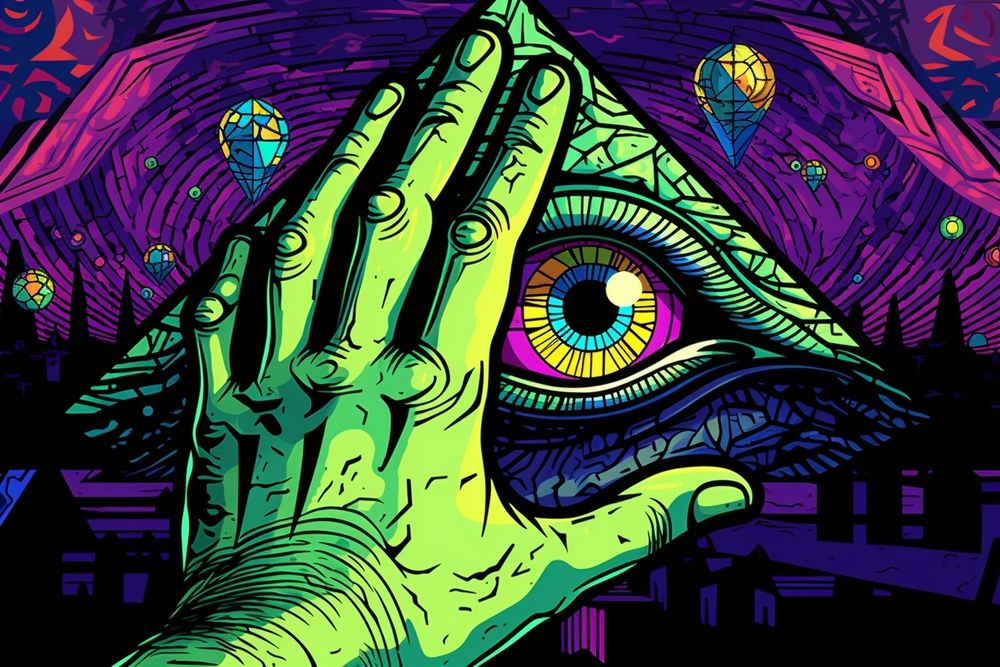 Digital art hand pushing away eye in a pyramid