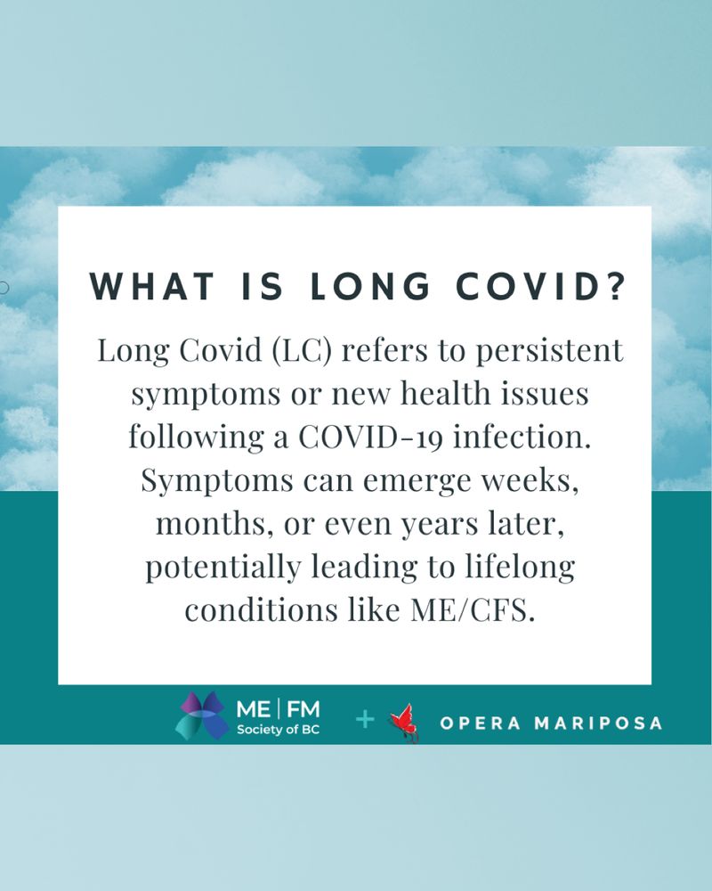 Teal and white graphic with a soft cloud pattern and text reading, "What is Long Covid? Long Covid (LC) refers to persistent symptoms or new health issues following a COVID-19 infection. Symptoms can emerge weeks, months, or even years later, potentially leading to lifelong conditions like ME/CFS."  At the bottom is the blue, purple and teal butterfly logo for the ME | FM Society of BC and the red butterfly logo for Opera Mariposa.