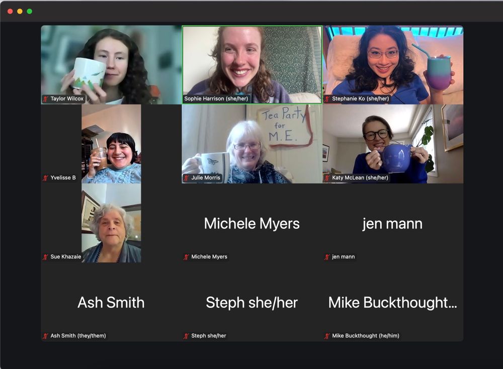 Screen cap of a Zoom meeting featuring people of all ages and genders, some with cameras on and some with cameras off. Those with cameras on are raising mugs of tea or coffee with smiles on their faces, many of them wearing blue.