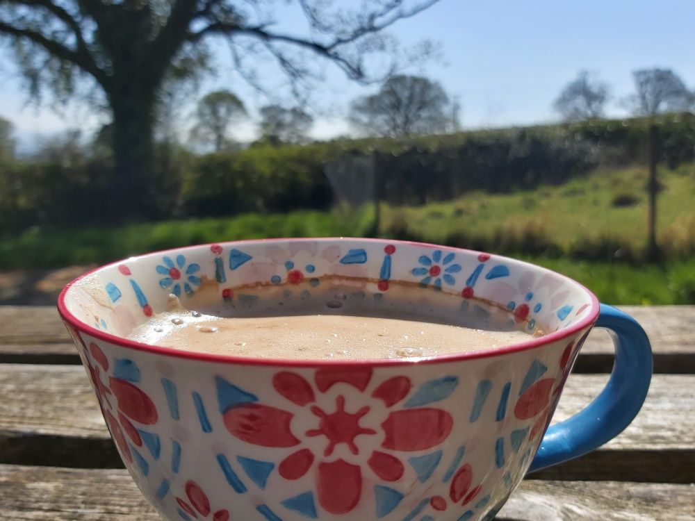 Mug painted with red and blue floral patterns on a wooden picnic table. Hedge and trees in the background. 