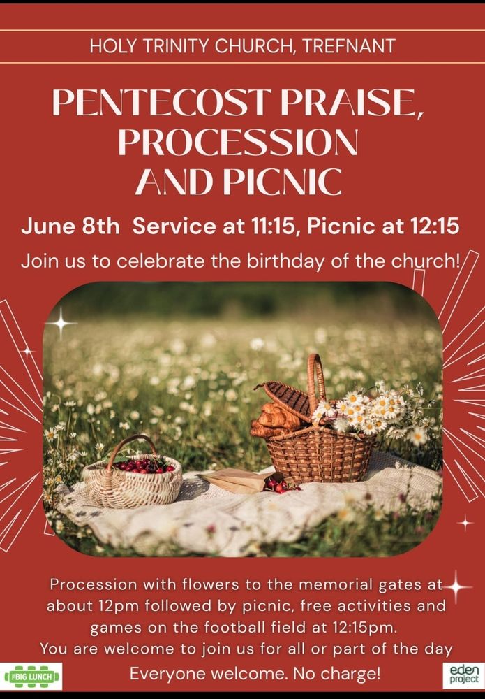 Red poster with picture of picnic in the middle advertising the Pentecost Praise, procession and picnic.