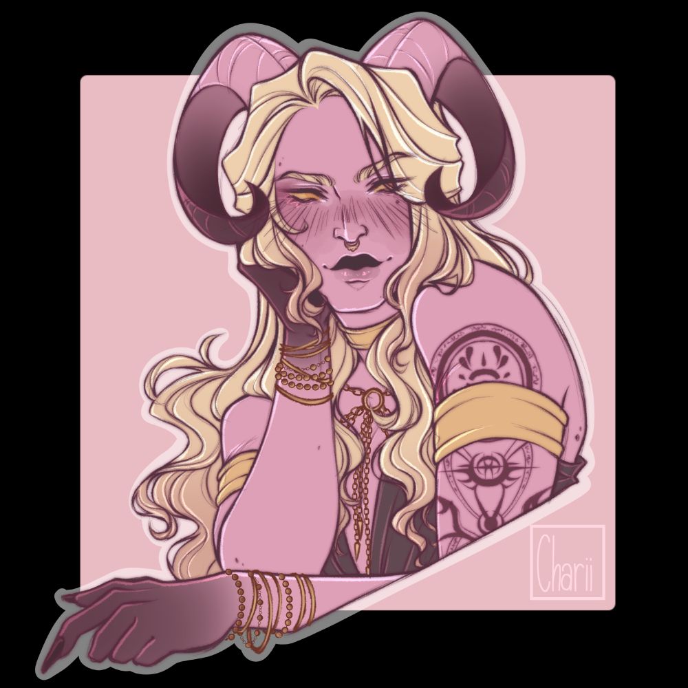 Ruby is inspired by d&d Tieflings and has pink skin with curled horns. His eyes are a bright yellow, his iris barely visible. Also long blonde hair. He is one of the main characters from "Kill the King" and had a relationship with someone who took the throne of a kingdom. It is complicated, all you need to know is that he's extremely mad at his ex who is king of a kingdom he doesn't own. And he wants revenge.