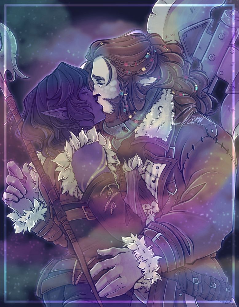 A blue skinned elf with golden markings kissing a taller brown long haired man with axe in an Ambiente with colourful smoke sorrounding them.