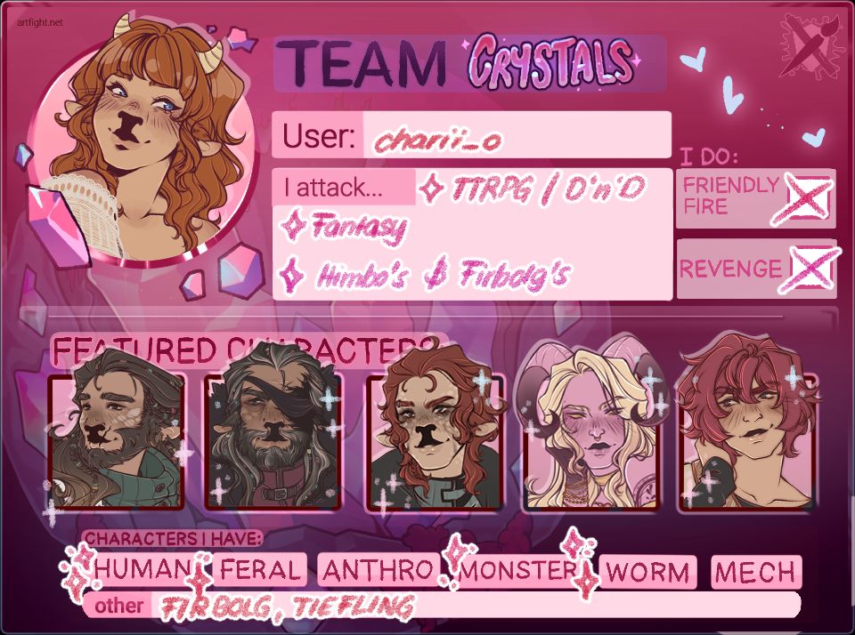 My Artfight Team Template, showing my self portrait and a descirption of what I draw, for example TTRPG, DnD and Fantasy Characters, as well as Himbo's and Firbolg's. I do friendly fire and I do revenges. Underneath the portrait artworks of my featured characters.