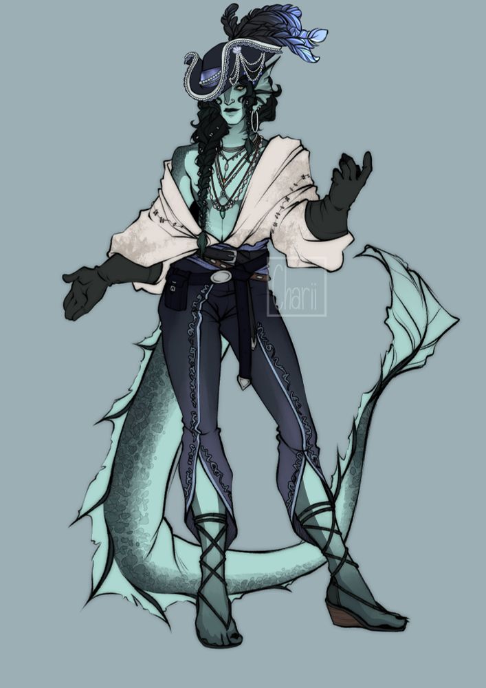 Saewine is a Triton, which means he's got some fish features like fin ears and a long tail with fins. He's got dark teal and light teal skin with scales, which are a bit wet as well. He's got dark eyes with a yellow iris and a slim pupil. His white shirt is slightly falling of his shoulders, also uncovering his whole chest with lots of jewelery. He wears dark pants and laced shows. This si the same artwork like before, just with a pirate hat this time hehe