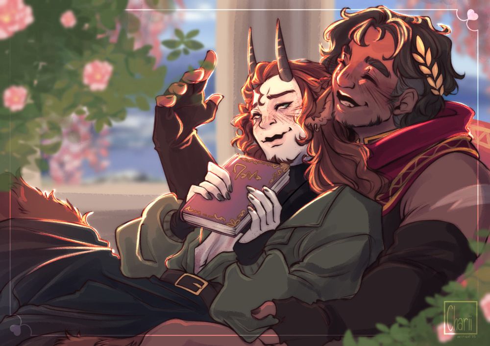 Booker is leaning onto Alekos with his back, holding a book close to him, having an absolutely shy and smiling face. He is so into Alekos. Alekos is leaning slightly forward, smiling brightly and holding Booker. They have a cute cuddle session, okay?