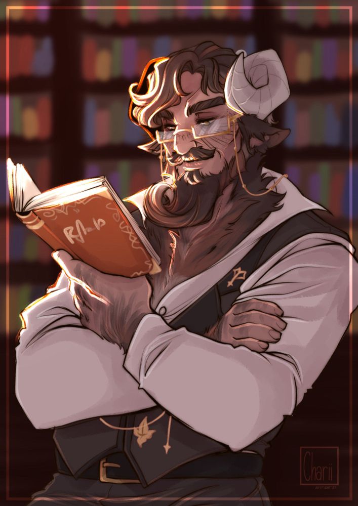 Walter is a huge man with curled horns and sheep like ears. He's got a mustache and a long beard and alos hair that has a big curl in the front. It is brown. Some hair goes along his chest as well. He is wearing gold glasses with chains attached to it. He's wearing a button up shirt with a vest on top. Walter is casually leaning onto a desk and reading a book.