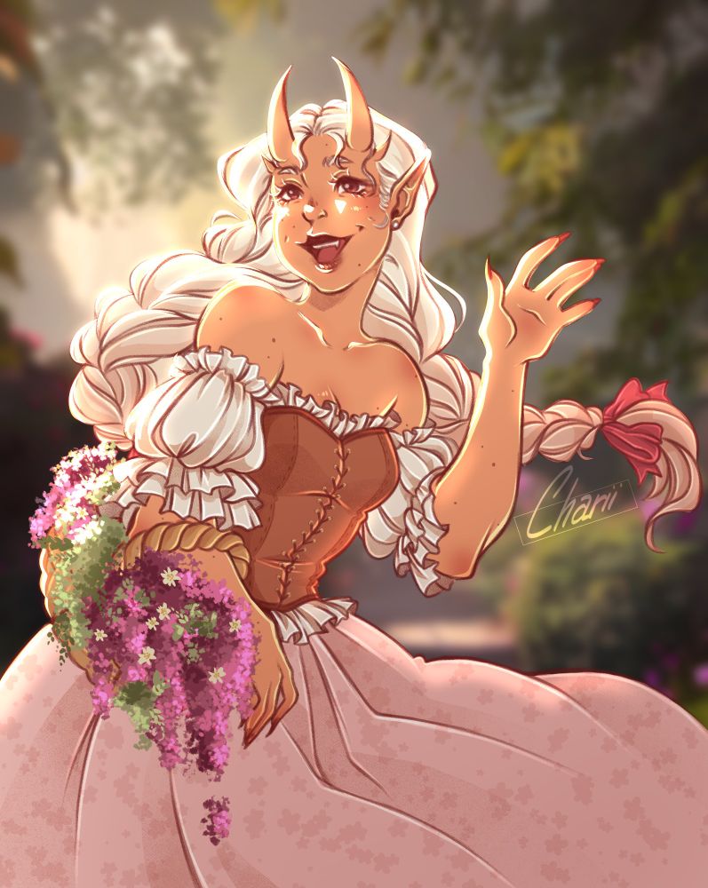 Dahlia is a Tiefling from an TTRPG setting. She has orange skin with more red-like blush around some parts and little birth marks all around her skin as well as a darker red lip tint. Dahlia has very long hair, braided into two tails, whichs colour is a light blonde with pinkish ends. She has red-pink eyes and longer lashes. Horns come out and go upwards. Two big ones and two small ones. She is carrying a basket and wears a dress with a top-corsett.