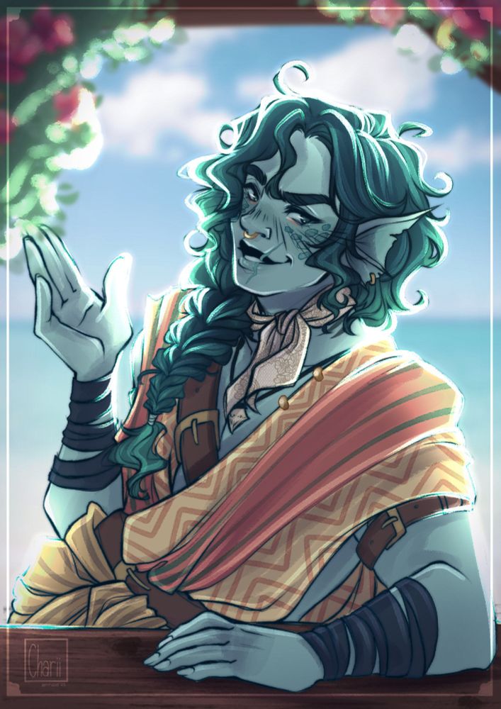 Mateas is @apollinares.bsky.social‬ OC and DnD character. He's a Triton character from the dnd universe and got turquoise skin and teal coloured messy wavy hair put into a braid. He's got a big scar across his lips and wears a septum. He's got little scales on his cheeks. He wears yellowish garments with no sleeves. In this artwork he's slightly leaning on a counter of some kind of beach bar, grinning slightly and looking smug. He's got fins as ears.