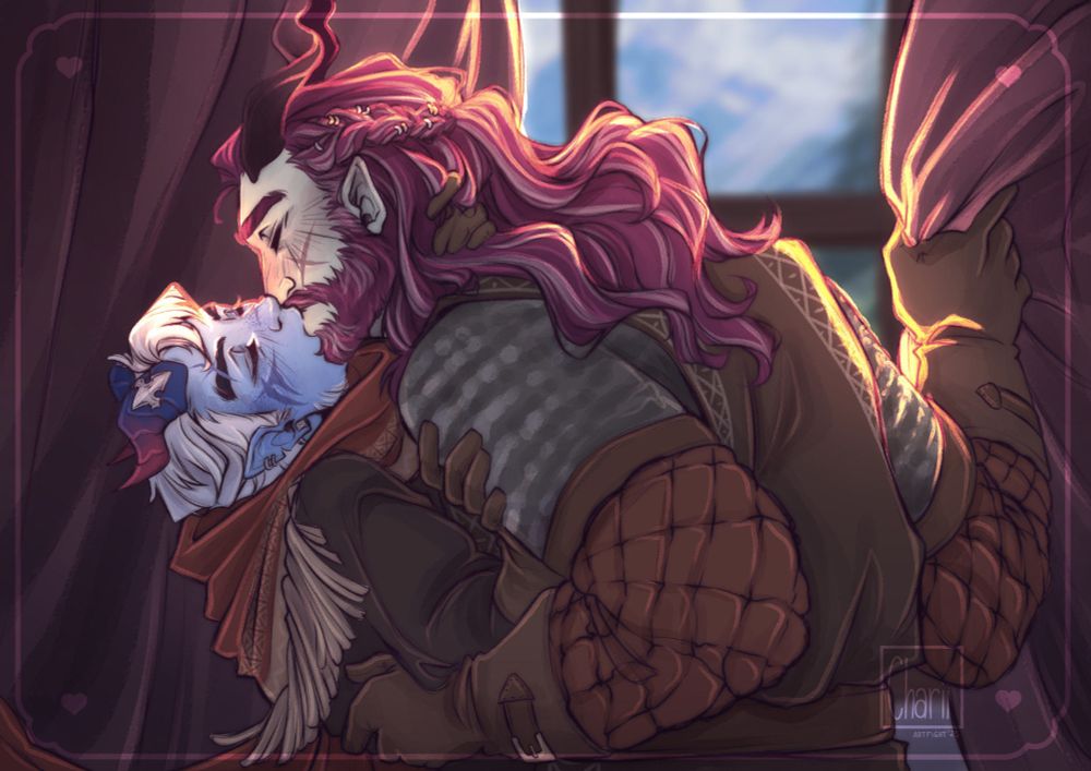 Tyr kissing Fridley intensely, bending him slightly over while pulling the curtains to cover the window. A warm light is hitting them, giving this art piece a cozy and intimate atmosphere. 