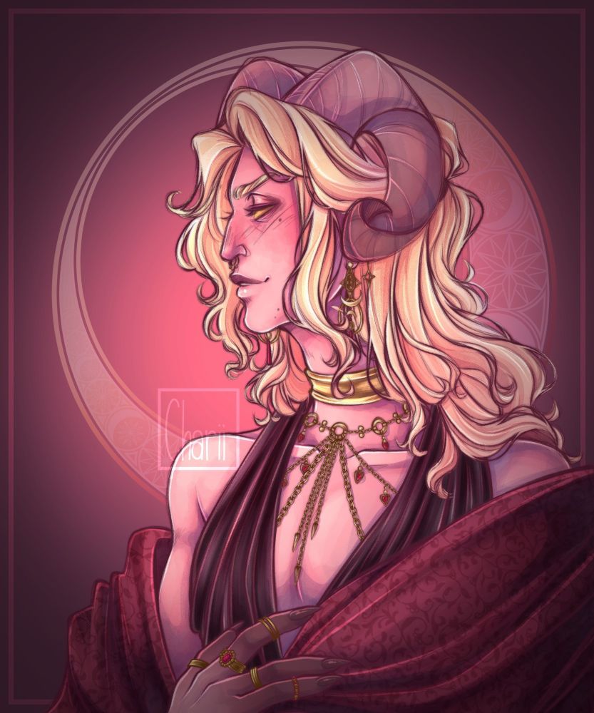My OC Ruben, inspired by DnD's Tiefling. He's got pinkish skin with darker ends at the tips of his hands and horns. His hair his blonde with pink tips. On his neck golden necklaces with rubies on them. He's also wearing goldne rings with rubies on them. Around his shoulders is a red scarf he casually wears. A black linen top is covering his torso.