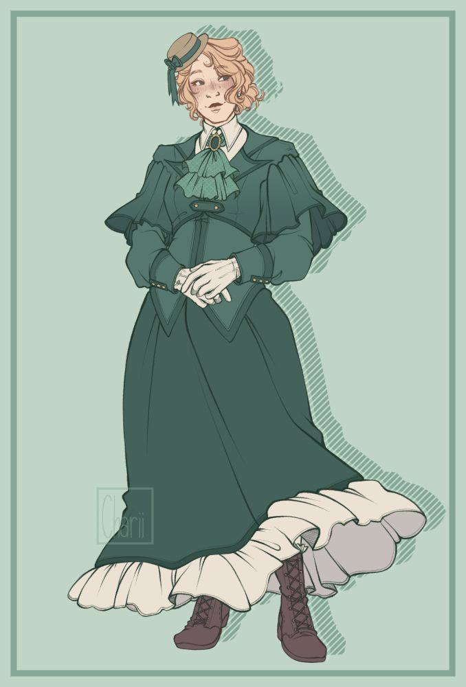 A young women with blonde hair and light skin. She has birth marks all over her face and the rest of the body but the bod yis covered by a green suit x dress combination that's inspired by the victorian industrial era. Her blonde hair is put into a lower side bun and is wavy. She wears a small hat on top of it. She has emerald green eyes. 
