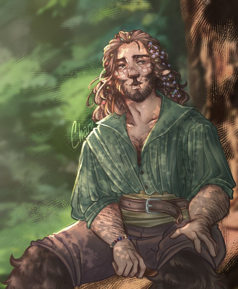 Njal casually sitting in a tree stump. He is smiling gently while the soft light of the warm sun is hitting through the leaves.