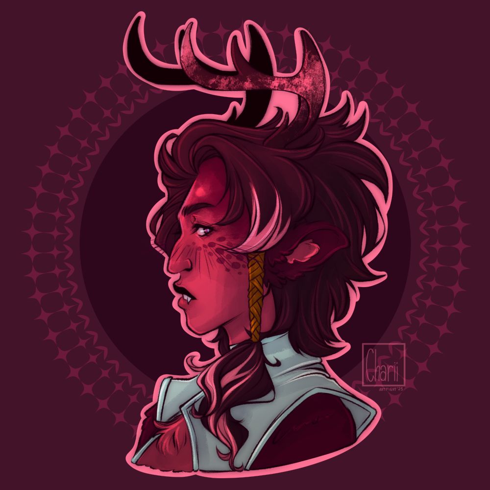 Satakieli has pink-ish red skin with darker wine red hair. It is very fluffy with a small braid ont he side. He's got antlers, long ones. He is in a side profile.