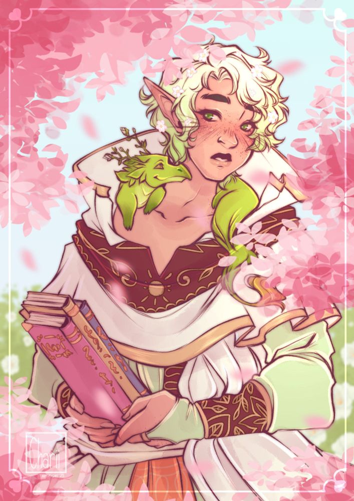 Novalin is an OC from Misha. They've got light green hair and carries a little dragon/lizard companion with them in similar green colours. They are holding on to some books and while looking at their companion. Their outfit is a match of garments in white, red and green colours with golden accents. They are framed by sakura flower petals.