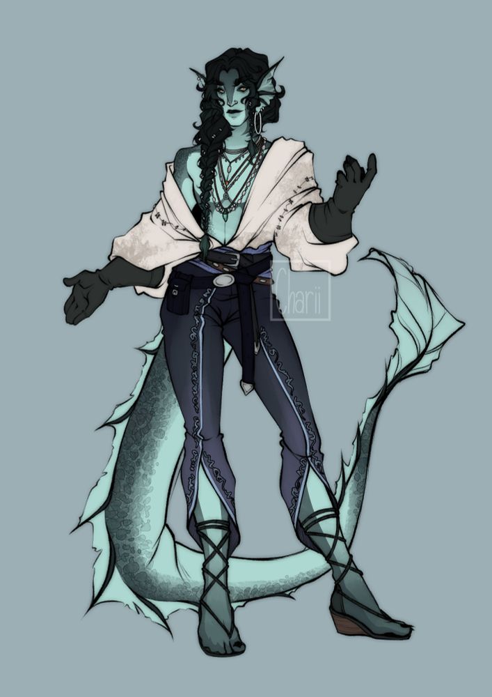 Saewine is a Triton, which means he's got some fish features like fin ears and a long tail with fins. He's got dark teal and light teal skin with scales, which are a bit wet as well. He's got dark eyes with a yellow iris and a slim pupil. His white shirt is slightly falling of his shoulders, also uncovering his whole chest with lots of jewelery. He wears dark pants and laced shows.