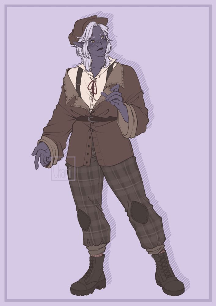 Luvón is an Agrae (this is what elfs are called in this universe) with desaturated purple skin, light freckles on the cheeks and silver middle long straight hair. He's is wearing brown clothes that are a bit too large for him, especially the jacket that must be secured by a belt. The jacket is a casual corduroy jacket that's slightly slipping of his shoulder. As pants he is wearing some with patches on the knees and a checkered pattern on it. The pants are brown. He wears brown boots, nicely binded witht he shoelaces. He has a soft smile on his lips and golden eyes.