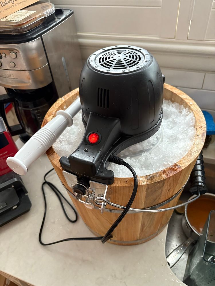 Homemade ice cream maker with motor activated