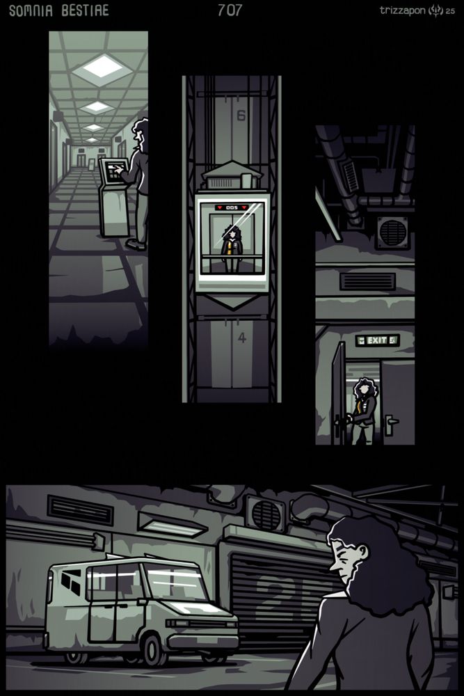 Millicent descends in an elevator and enters the garage, eyeing one of the old vans.