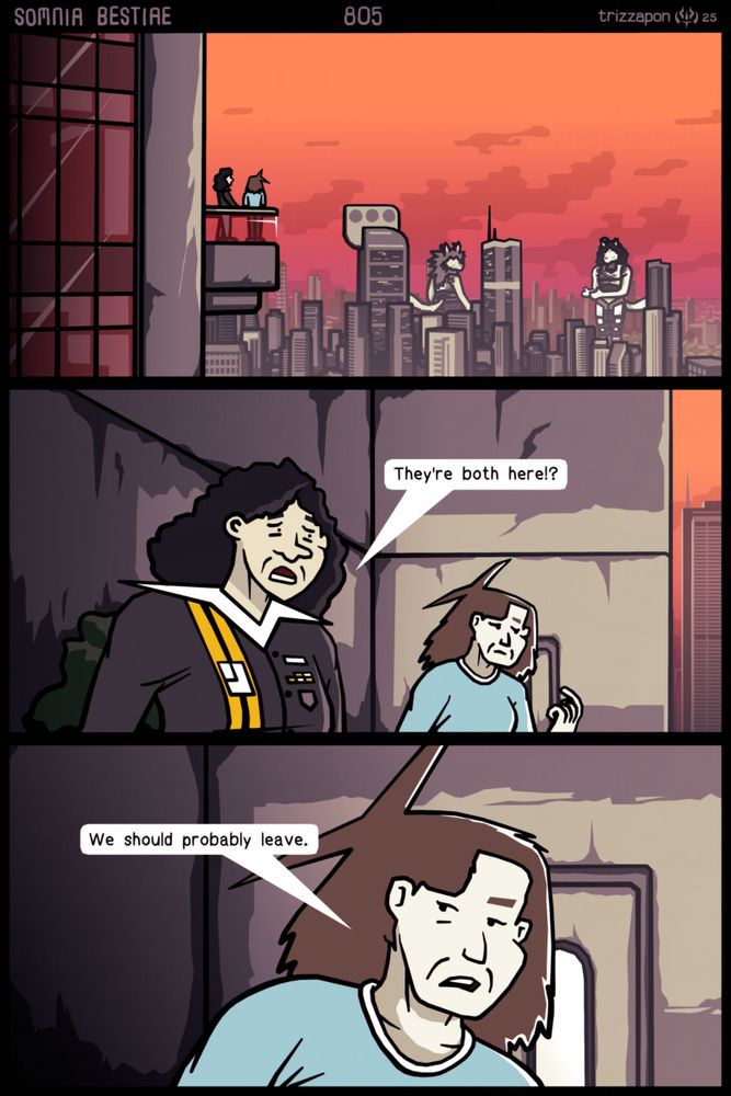 From Katie's apartment tower, Millicent and Katie watch as Kila and Sikso talk to each other. They are far away, obscured by the skyline, but still too close for comfort.
Millicent: "They're both here!?"
Katie: "We should probably leave."