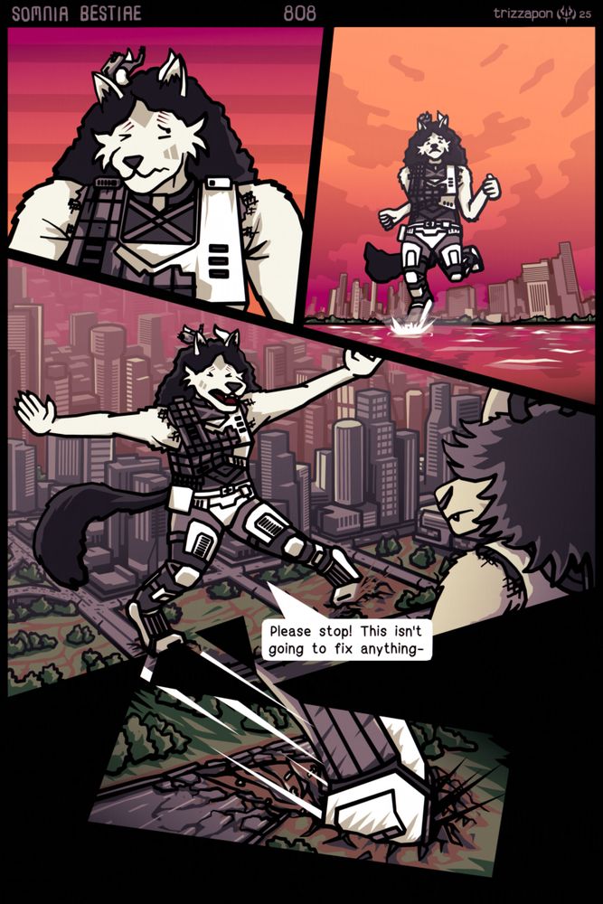Kila breaks her hesitation and sprints across the river to try to get in front of Sikso and protect the humans fleeing across the bridge.
Kila: "Please stop! This isn't going to fix anything-"
The ground collapses beneath Kila's right foot and it slides inwards.