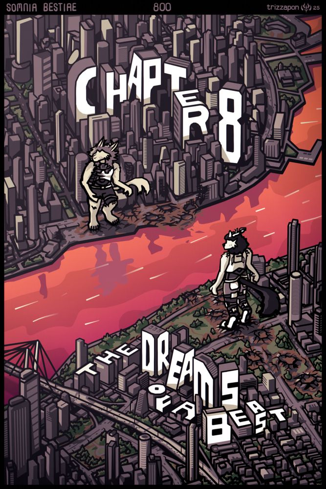 An aerial view of the city, dominated by the towering figures of Kila and Sikso. Sikso is standing by the river which divides the two halves of the city, while Kila watches cautiously from the other side.
Chapter 8: The Dreams of a Beast