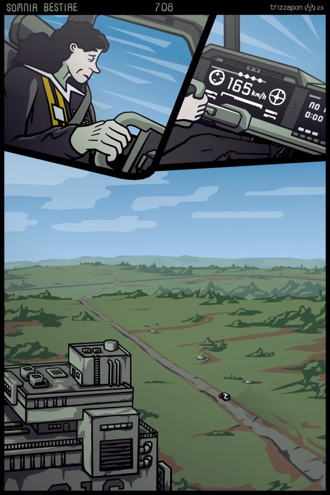 Millicent drives the van past the outer towers and away from the facility at a high speed.