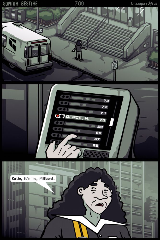 In the city, Millicent parks the van outside of Katie's apartment building. She walks up to the call box by the front door and presses the button for Katie's unit, Unit 70.
Millicent: "Katie, it's me, Millicent."