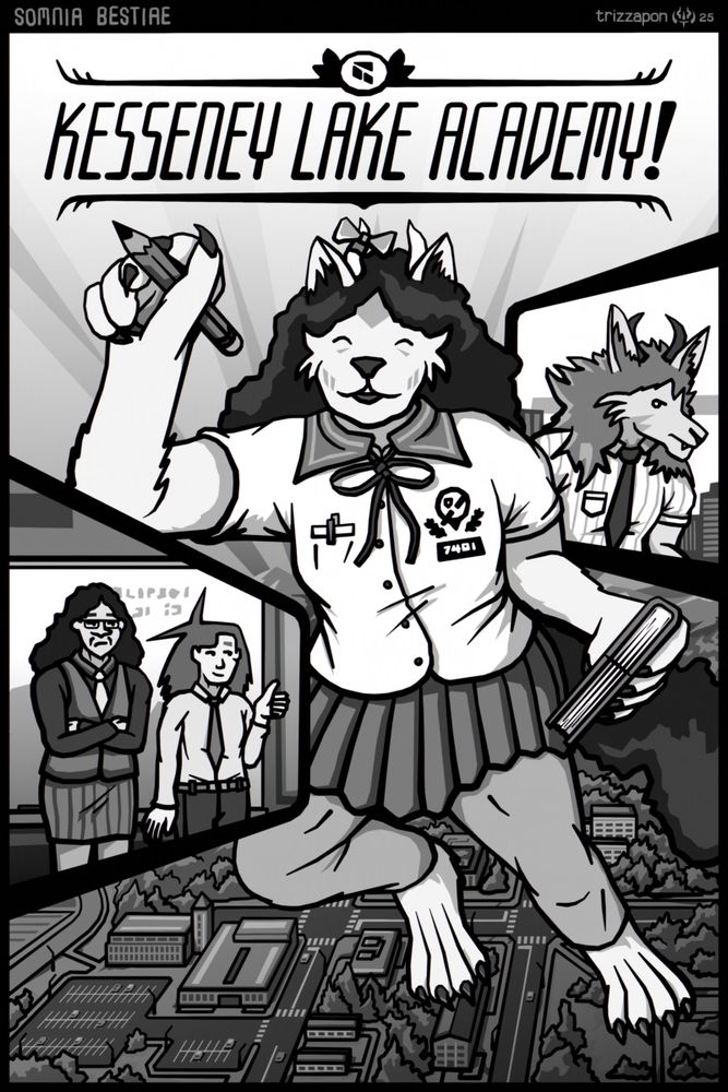 Kila in a school uniform jumping in the air above a town happily holding a pencil in one hand and a book in the other. In one side panel, Sikso is also in a uniform and looks sternly to the side. In another, Millicent and Katie are dressed as teachers. Millicent is folding her arms and Katie is giving a thumbs up.