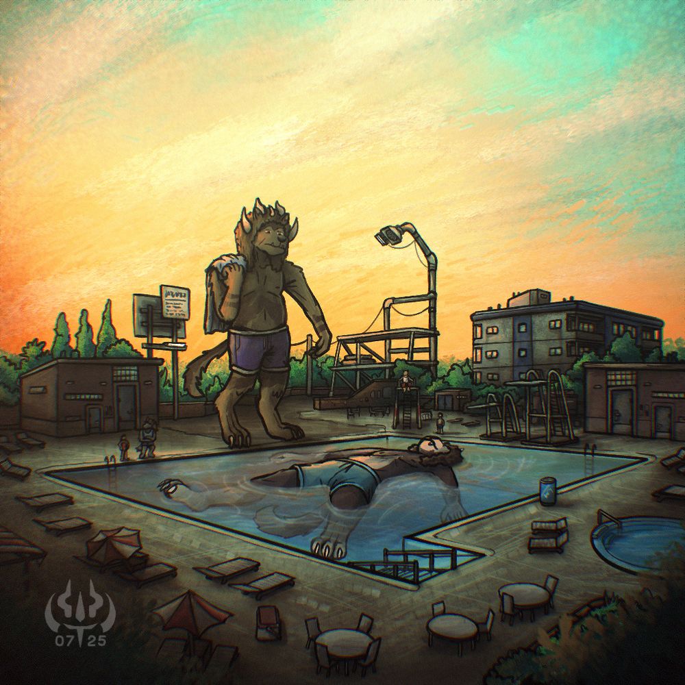 Desdeg is floating on his back in a pool and he takes up all the room. Vincent stands at the side and looks down at him, unsure of what to do.