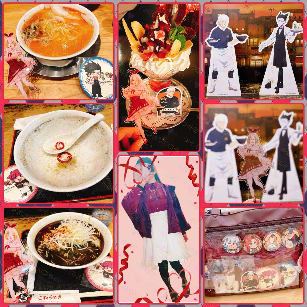 †❤︎コラボラーメン二杯(二種類)とデザート堪能
スープの色はもちろん麺の色までこだわってて感動しました⸝⸝⸝
†❤︎コラボラーメン器がヴァモネさん
器の底もマークあるんじゃないかとスープ飲み干し(飲みやすいスープでした✨)
†❤︎コラボラーメンステッカーがロナリスト
コラボパフェで確定で貰えるステッカー含め、第105死メンバー(ｶﾒﾔﾊｲﾅｶｯﾀ...)
†❤︎コラボグッズで推しバッグが潤う(激可愛🫶💗✨)
