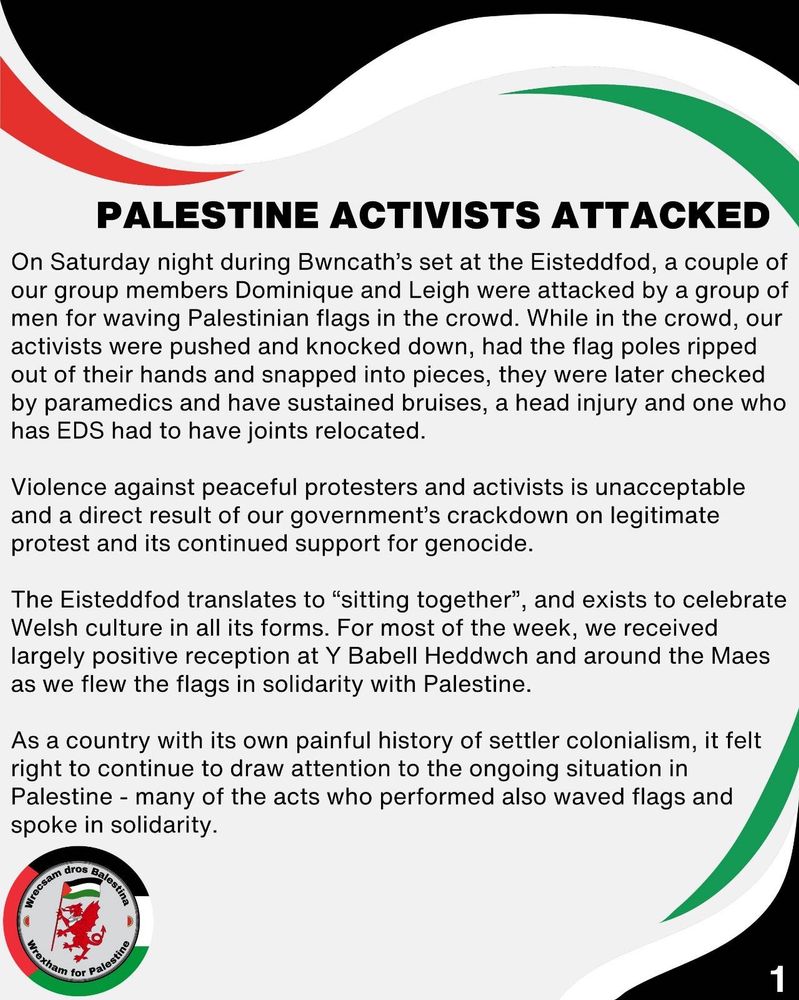 Palestine Activists Attacked

On Saturday night during Bwncath’s set at the Eisteddfod, a couple of our group members Dominique and Leigh were attacked by a group of men for waving Palestinian flags in the crowd. While in the crowd, our activists were pushed and knocked down, had the flag poles ripped out of their hands and snapped into pieces, they were later checked by paramedics and have sustained bruises, a head injury and one who has EDS had to have joints relocated.

Violence against peaceful protesters and activists is unacceptable and a direct result of our government’s crackdown on legitimate protest and its continued support for genocide. 

The Eisteddfod translates to “sitting together”, and exists to celebrate Welsh culture in all its forms. For most of the week, we received largely positive reception at Y Babell Heddwch and around the Maes as we flew the flags in solidarity with Palestine. 

As a country with its own painful history of settler colonialism, it felt right to continue to draw attention to the ongoing situation in Palestine - many of the acts who performed also waved flags and spoke in solidarity.