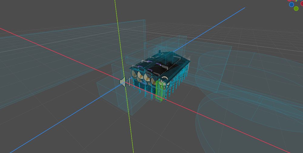 Screenshot from godot showing cabin model with several collission shapes around