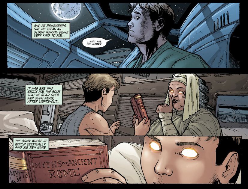3 panels from X-Men: Deadly Genesis #4, of Vulcan finding his new name in a book of entitled, “Myths of Ancient Rome”