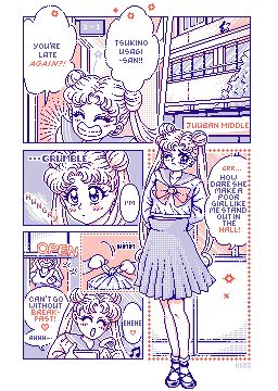 A pixelated redrawing of a manga page, featuring Sailor Moon eating her lunch early while standing outside of a classroom as punishment for being late.