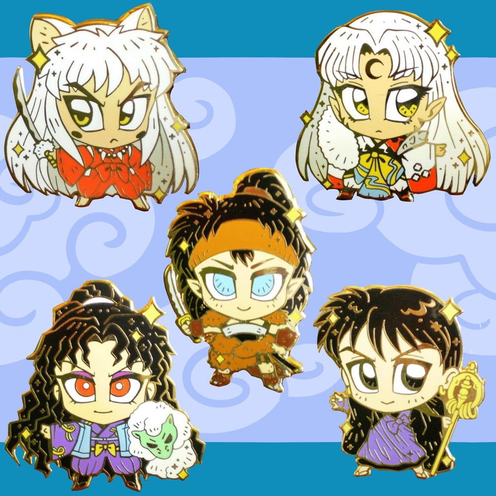 A collection of 2 inch pins showcasing chibi Inuyasha, Sesshoumaru, Koga, Naraku, and Miroku.