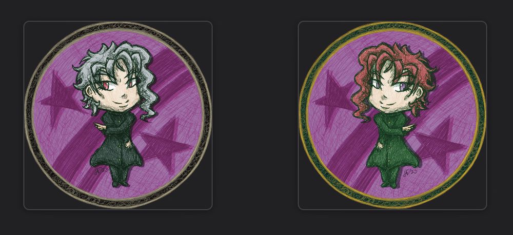 chibis of noriaki kakyoin. one with his anime palette, the other with his black and white palette. his arms are crossed and he has a confident smirk on his face. 