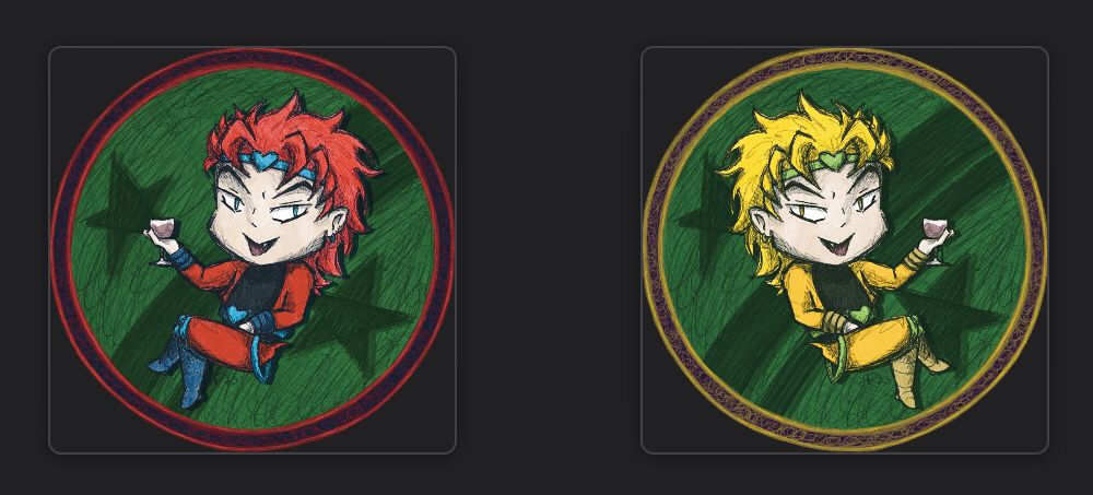 chibis of part 3 dio. one with his yellow and green palette, the other with his red and blue palette. he’s reclined with his legs crossed, floating in front of a shooting star background. he’s holding a glass of wine out in front of him while looking at the viewer mischievously. 