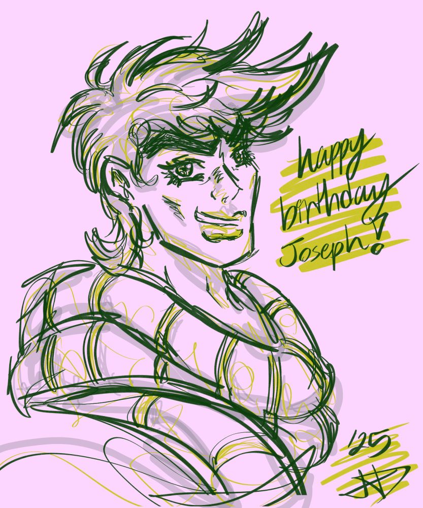 sketchy digital bust of joseph joestar from jjba battle tendency done in green, yellow, and pink. he has a cocky look on his face. the text reads "happy birthday joseph!"